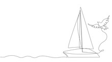A Sailboat On Sea Waves, A Boat, A Tray And A Seagull, A Dove Flies Into The Sky. Hand Drawing In The Style Of One Continuous Line. Rest On The Water.
