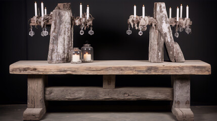 Rustic wooden table and candle holders with lit candles on a dark background