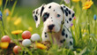  A curious Easter Dalmatian puppy sniffing a brightly colored egg nestled among vibrant green grass and daisies.