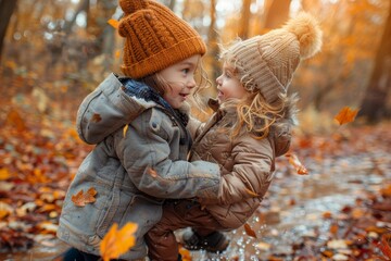 A joyful toddler and baby explore the autumn forest, surrounded by colorful leaves and bundled up in cozy winter clothing