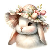 A delightful watercolor portrayal of a bunny adorned in a vintage-style Easter bonnet, evoking nostalgia and charm with its timeless allure.