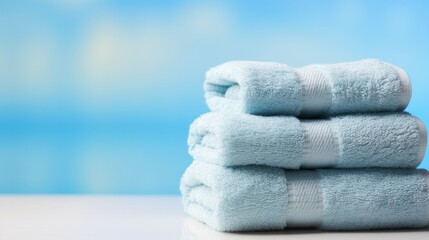 Calm light blue spa towels with copy space