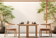 Two Wooden Chairs And A Table With A Teapot And Teacups In A Zen Garden.