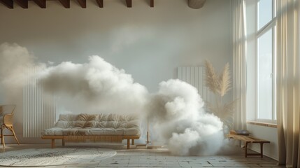 Wall Mural - Cloud in the living room. The interior is in a modern style with a real fluffy cloud inside. Light and airy lifestyle. 