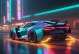 Fototapeta Londyn - Tuned Sport Car , cyberpunk Retro Sports Car On Neon Highway. Powerful acceleration of a supercar on a night track with colorful lights and trails