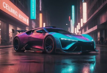 Wall Mural - Tuned Sport Car , cyberpunk Retro Sports Car On Neon Highway. Powerful acceleration of a supercar on a night track with colorful lights and trails