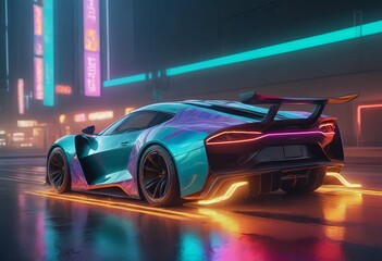 Wall Mural - Tuned Sport Car , cyberpunk Retro Sports Car On Neon Highway. Powerful acceleration of a supercar on a night track with colorful lights and trails