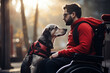 Man sitting in wheelchair with assist dog. Generative AI
