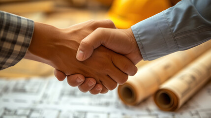 Wall Mural - Contractor. construction worker team shaking hand after business meeting to greeting start up project contract in meeting at construction site building, successful, partnership, teamwork concept