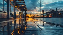 As The City Awakens, The Person On The Wet Sidewalk Reflects On The Beauty Of The Sunrise, The Dancing Clouds In The Sky, And The Shimmering Reflections Of The Buildings And Bridge On The Glistening 