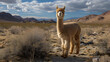 A Playful Alpaca in the Desert Landscape, Cute Animal Enjoying Sunny Day in Arid Environment, Natural Wildlife Scene, Generative AI

