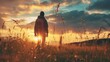 Amidst the golden hues of the sunset, a solitary figure stands tall in a field, surrounded by the serenity of nature and the promise of a new day