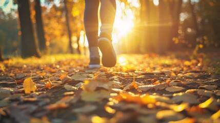 Poster - Amber leaves crunch underfoot as the sun's flare illuminates a solitary figure wandering through the autumn forest, connecting with nature's fall transformation