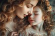 A mother tenderly kisses her daughter's cheek, their brown hair and delicate features entwined in a portrait of love and affection