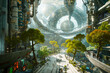 Sci fi space station interior, large futuristic city with wide pathways, trees and plants, ring structures in distance