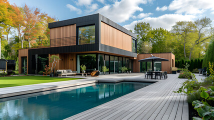 The exterior of a luxury minimalist cubic house with wooden cladding and black panel walls, landscaping design in the front yard, and a swimming pool