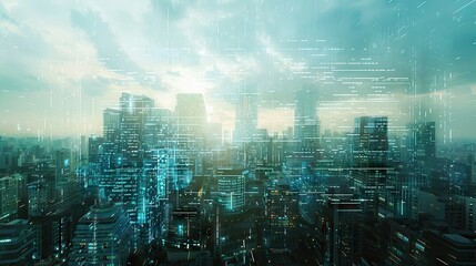 Futuristic city skyline merging with digital code, symbolizing business innovation and tech transformation