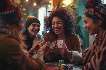 Wall Mural - joyful group of women playing cards and sharing laughter