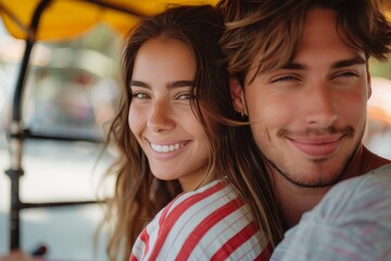 A joyful couple radiates pure happiness as they flash their pearly whites for the camera, showcasing their stylish outdoor attire and the natural curves of their human faces