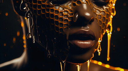 The face of an African-American woman with a honeycomb on her face. Cosmetic concept. Black Background