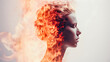 Fire in the head. Double face exposure side profile of a young woman with a burning fire in her head. Burning headache. Stable white background.