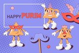 Fototapeta  - Purim holiday groovy banner design with hamantaschen cookies funny retro cartoon characters. Vector illustration