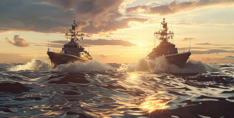 Wall Mural - Battle ships moving to the surface of the water in the ocean