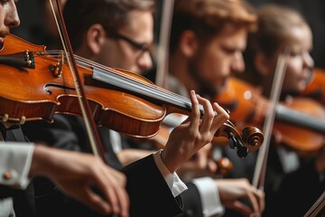 Melodic strains of classical music fill the air as a group of talented musicians, dressed in elegant attire, play their bowed instruments with precision and passion under the open sky