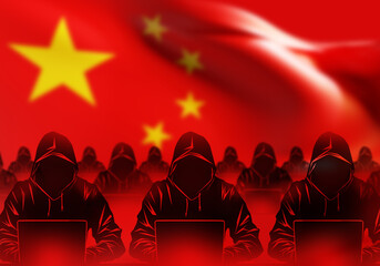 Poster - Cyber army China. Silhouettes of hackers with laptops. Cyber army operates on internet. PRC hackers in hood. China Hacker background. People with computers. China cyber operations. 3d image
