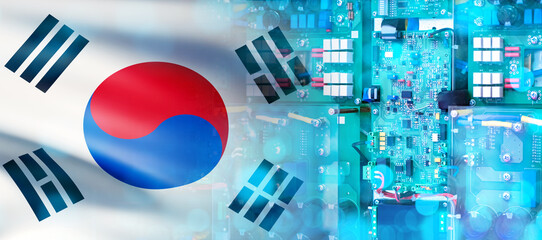 Poster - Digital board with south Korea flag. PCB for computer. Digital board close up. Flag of south Korea. Production of digital board. High-tech industry of north Korea. Technological production.