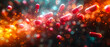 Pills vitamins drugs flying over vibrant blurred background
