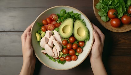 Wall Mural - Healthy salad with chicken, tomato, avocado, vegetables on a table