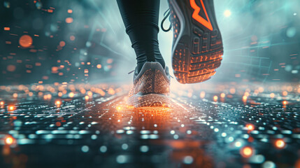  Close-up of glowing sneakers on a dynamic, digital grid surface