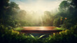 Wooden table in the middle of a lush green jungle with a soft light in the background