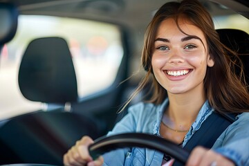 Wall Mural - A joyful woman radiantly smiles at the camera while standing in front of a sleek car, her reflection captured in the vehicle's mirror, exuding confidence and charm in her stylish clothing