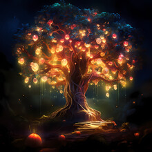 Ancient Tree With Magical Glowing Fruits.