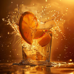 Refreshing orange juice in glass with fresh oranges slice and splashing juice.