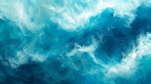 A Close-up View Of A Wave Cresting, With Droplets Suspended In Mid-air, Showcasing A Spectrum Of Blue To Teal.