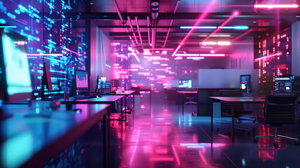 Wall Mural - modern open space office interior in a neon cyberpunk style, blurred to suggest activity and vibrancy.