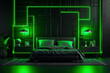 Futuristic bedroom interior with green neon lights, dark walls and furniture