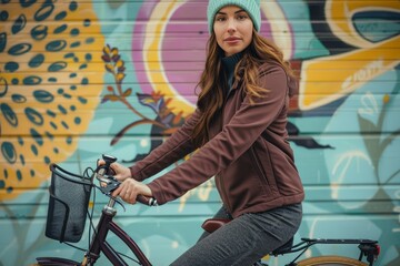 A stylish woman with a bright smile rides her bicycle, her clothing flowing in the wind as the bicycle wheel spins, showcasing the perfect combination of fashion and transportation