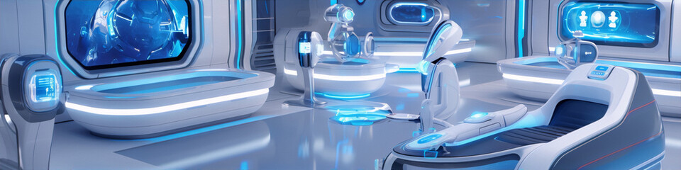 sci-fi futuristic medical room interior with robots and blue light