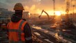 © FoxGrafy - An engineer directing construction machinery at a building site, with steel structures being erected in the background, dynamic angle showing the scale of construction and leadership role