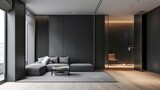 Fototapeta  - Modern living room interior with black walls, wooden floor, gray sofa and armchair
