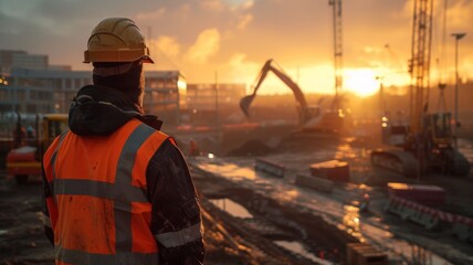 An engineer directing construction machinery at a building site, with steel structures being erected in the background, dynamic angle showing the scale of construction and leadership role