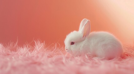 Wall Mural - a white bunny on pink feathers