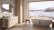 Bathroom interior with large window and freestanding bathtub, lake and mountains view, 3d render