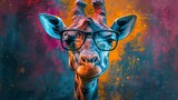 Fototapeta Dziecięca - Funny giraffe wearing sunglasses in studio with a colorful and bright background.