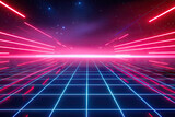 Fototapeta Perspektywa 3d - a 90s cg animation background, red white and blue neon, retro synthwave screensaver