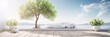 3D rendering of a modern terrace with a large tree, flowers, and a comfortable sofa